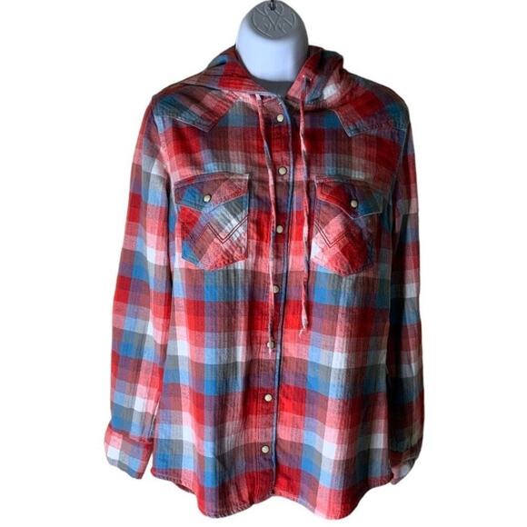 Wrangler Retro Shirt Women's Size Medium Hooded Pearl Snap Plaid Flannel Cotton - Picture 3 of 8